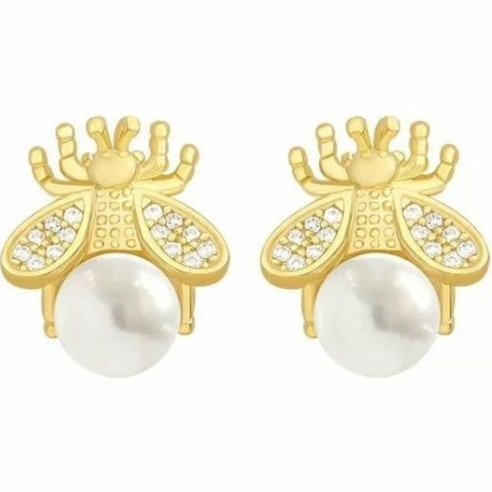 White Sapphire Honey Bee Earrings Gold Gift Womens Jewelry Formal Party Pearls
